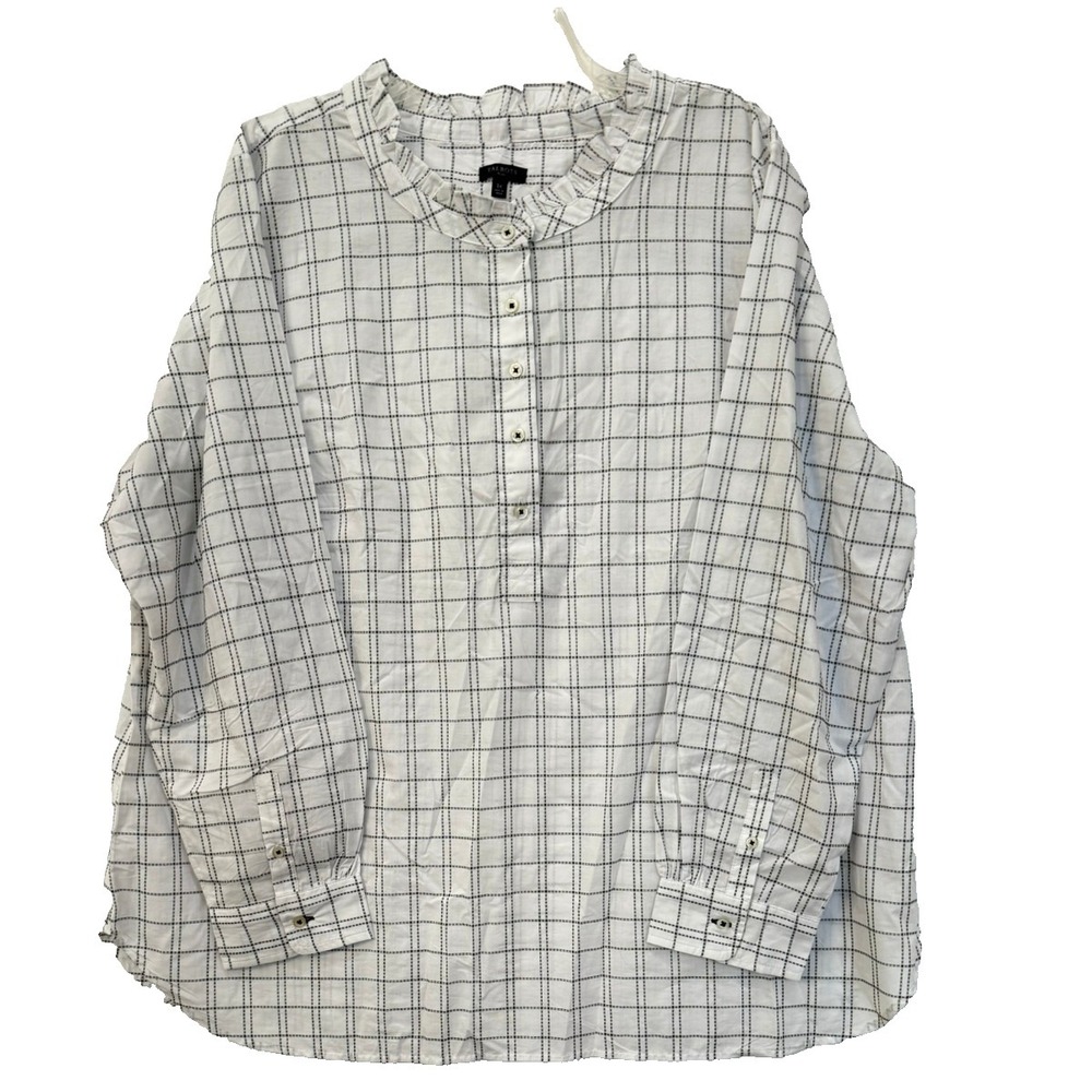 Talbots‎ Plus Sz 3X White Black Windowpane Stiched Ruffle Collar Henley Popover